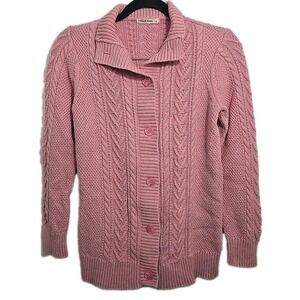 Woolovers Pink Cable Knit Button Up‎ Cotton Sweater Cardigan Womens Size Small